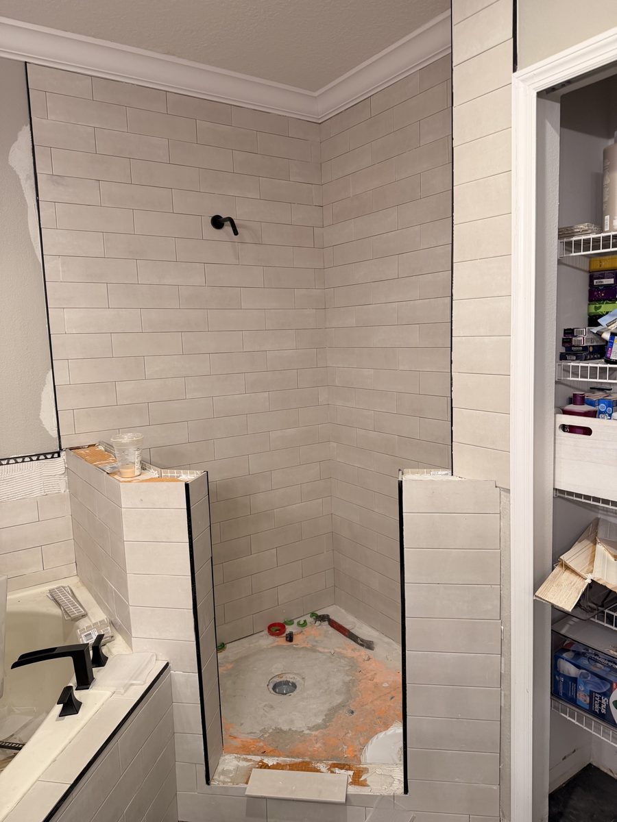 Walk-in shower tile installation