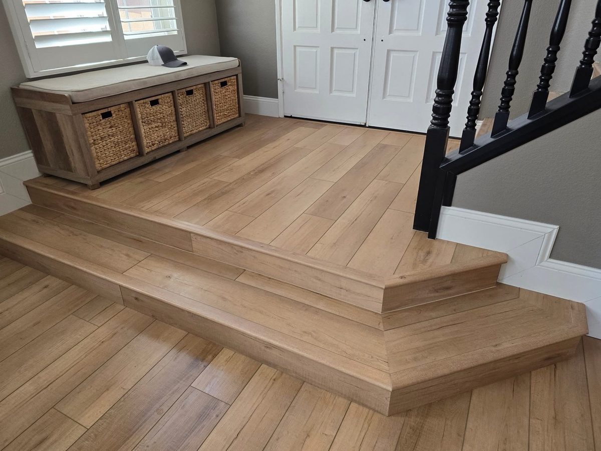 Wood-look plank tile floor and steps